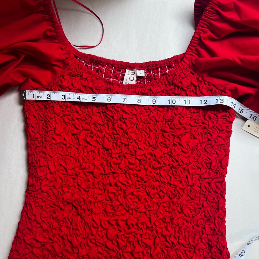 Anthropologie Dolan Red Puff Sleeve Pebble Smocked Ruched Midi Dress Size XS - Picture 10 of 12